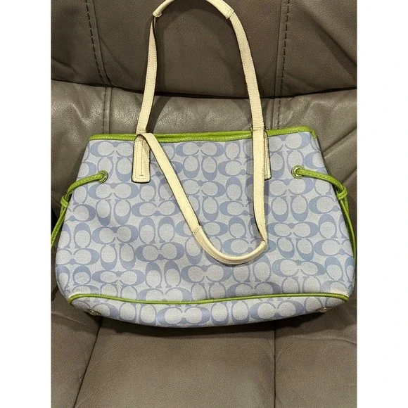 Coach Signature Monogram Tote Bag Blue Green White Leather Trim 15" by 11" - Picture 5 of 11